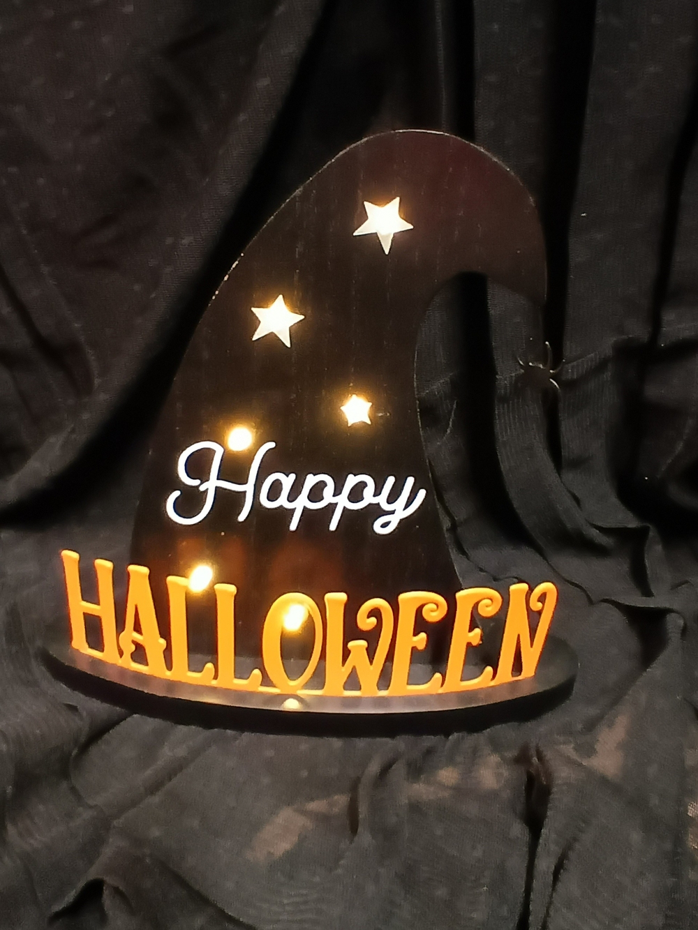 Light-Up Happy Halloween Witch Hat Sign — Black and Orange